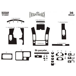 Salona paneļa apdares uzlikas (36 detaļas) Nissan Navara 2006–2015 foto 4