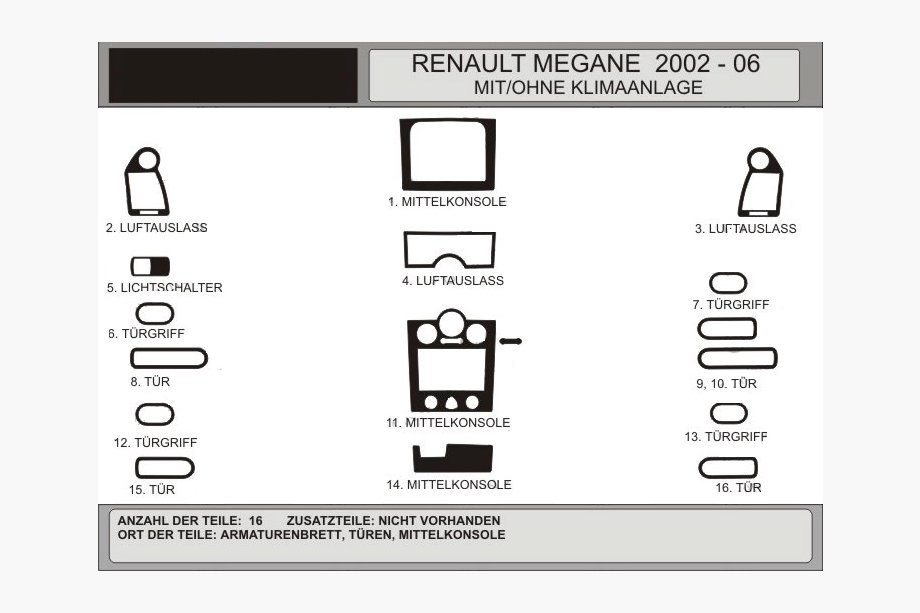 Renault Megane II 2004–2009 Paneļa uzlikas, komplekts 16 detaļas (Hartman, Polija) Image