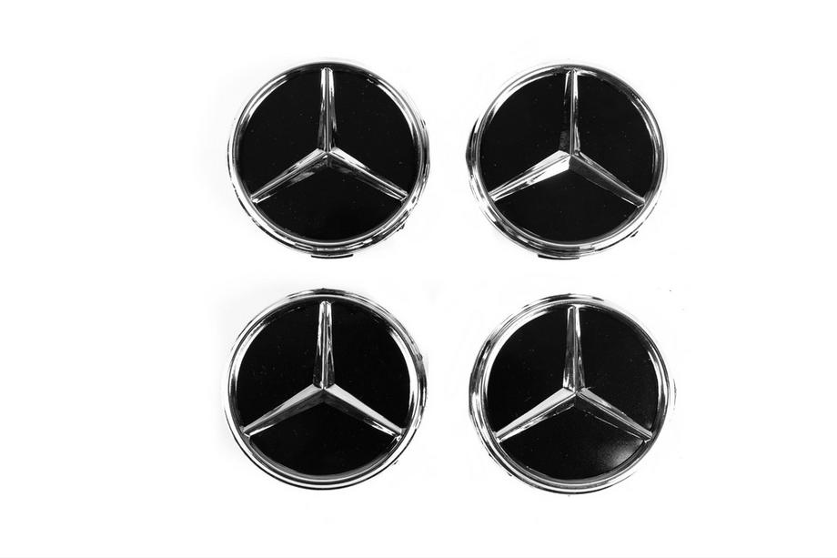 Mercedes-Benz Diska centrālie vāciņi 71/74 mm bez gredzena (4 gab., melni ar hromētu logo) Foto 2