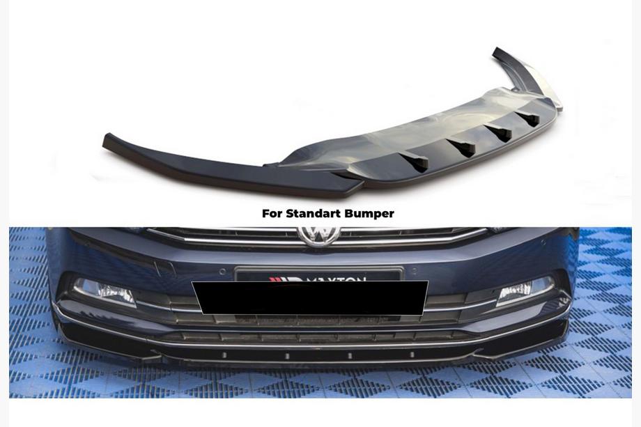 Volkswagen Passat B8 2015–2023 Priekšējā bufera lūpas spoileris DPT V-1 (2015-2019 EU, melns spīdīgs) Image