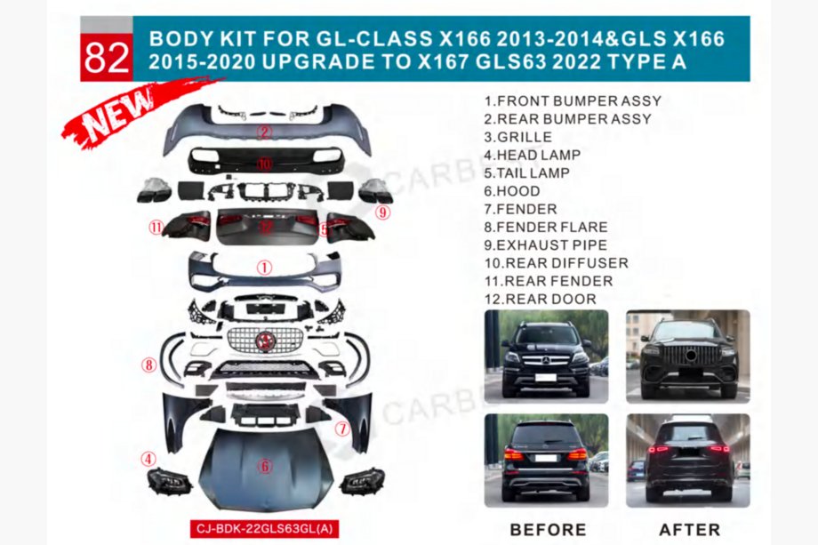 Mercedes GL/GLS klase X166 2012–2019 Restaila pārbūves komplekts no X166 uz GLS63 X167 (Type-A) Image