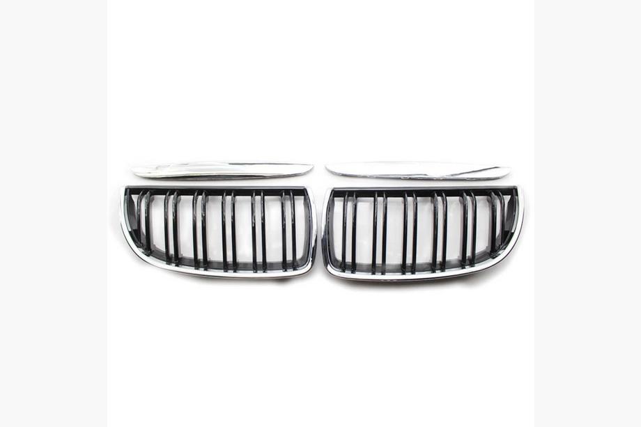 BMW 3. sērija E90/E91 2005–2011 M-Look nieru restes (E-90/91 2005-2008, melns spīdīgs ar hroma apmali) Foto 2