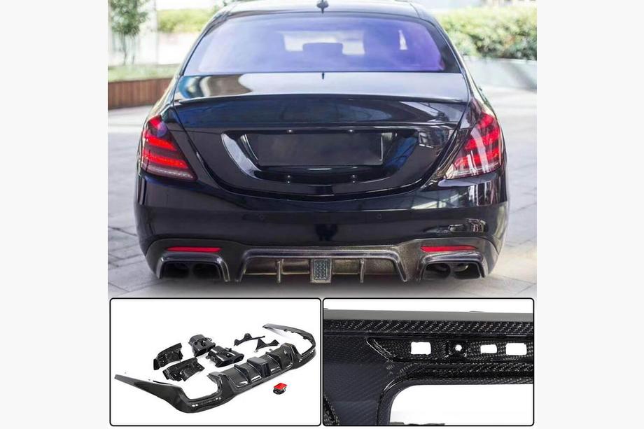 Mercedes S-class W222 2013–2022 Aizmugurējā bufera difuzors ar izpūtēja uzgaļiem (S63/S65 AMG 2018-2021, oglekļa šķiedra) Foto 1