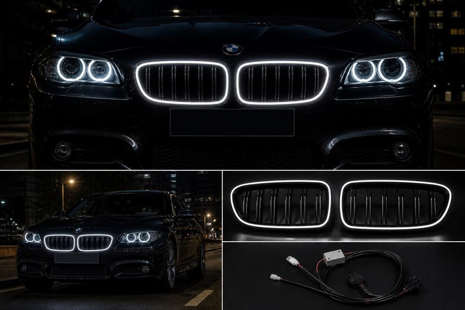 BMW 5. sērija F10/F11 2010–2016 BMW nieru restes M-look ar LED (spīdīgi melnas) Foto 6