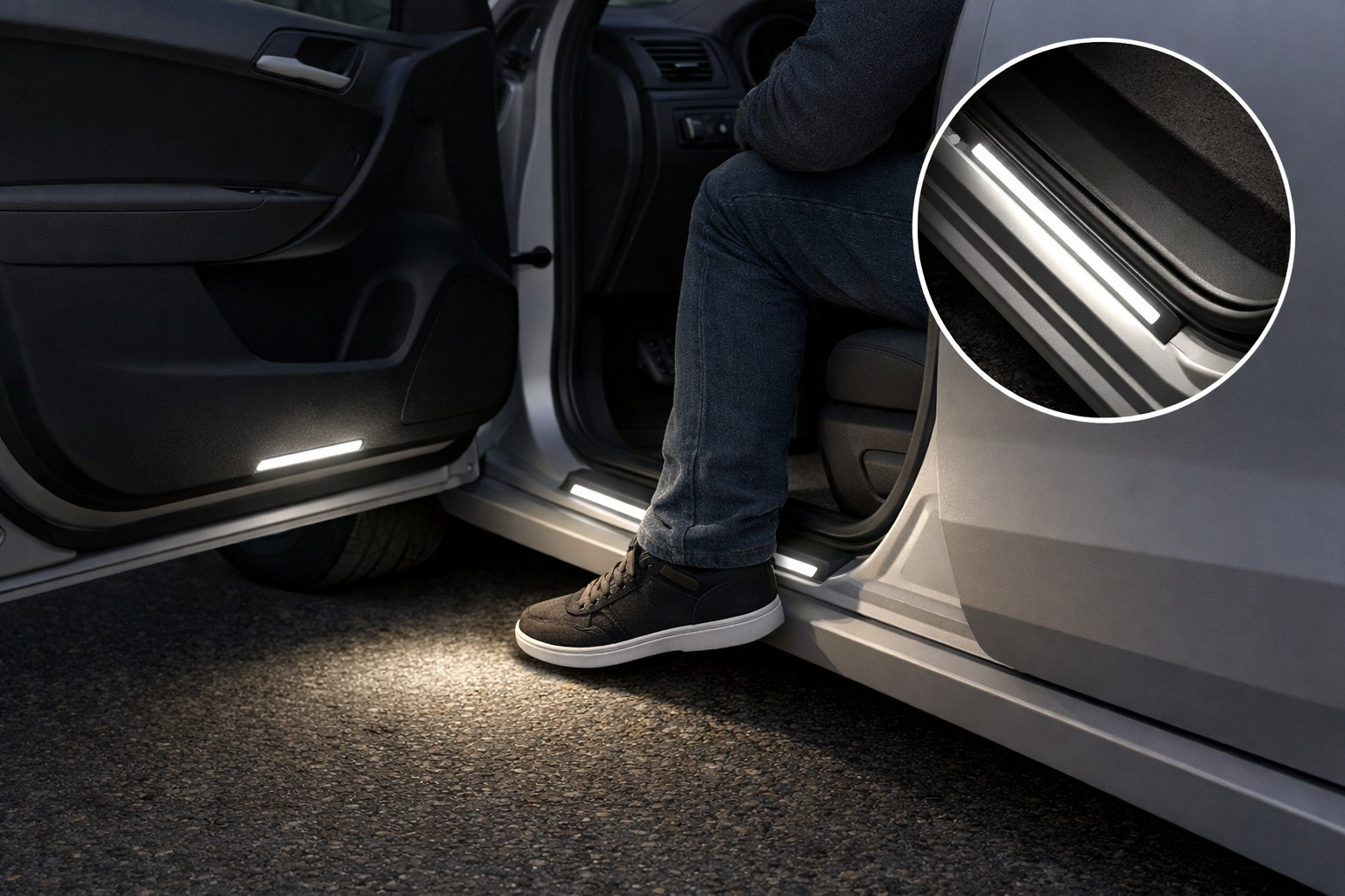 Kāpēc naktī ir neērti iekāpt auto un kā palīdz sliekšņu apgaismojums