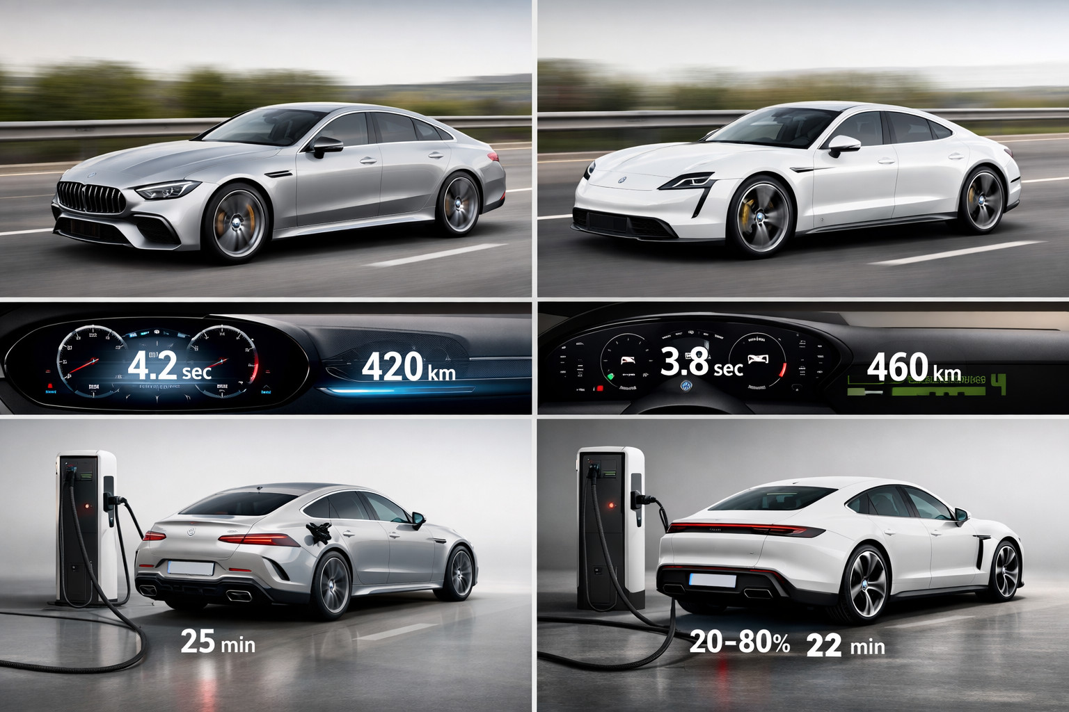 Mercedes-AMG GT 53 pret Porsche Taycan 4S: nobraukums, dinamika un uzlāde
