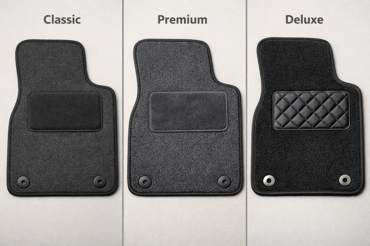 Tekstila paklājiņi Classic, Premium vai Deluxe: kuru līmeni izvēlēties